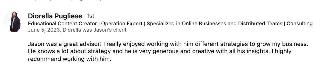 Testimonial screenshot about Jason's work