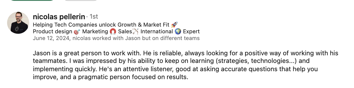 Testimonial screenshot about Jason's work